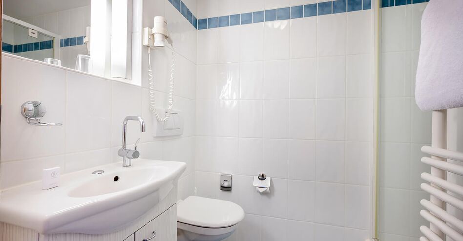 Berghotel Sudelfeld Bayrischzell single room here the bathroom, washbasin, toilet shower floor with brown blue white tiles